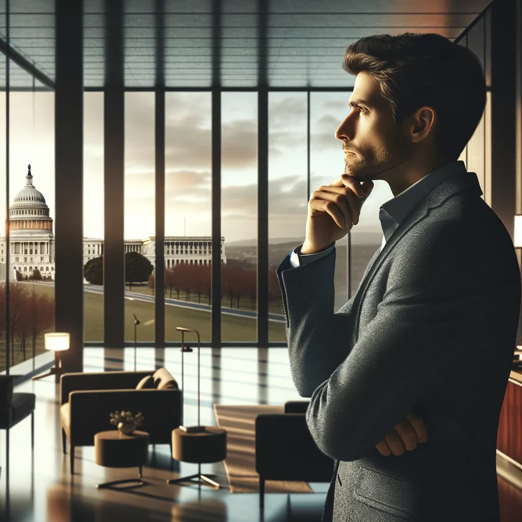 Man gazing out the window with the US Capitol in the background