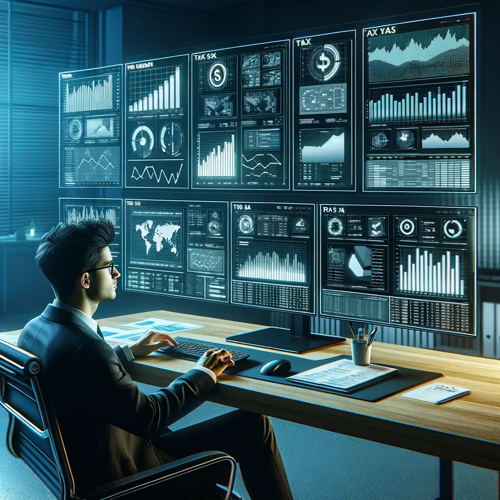 Man studying screens of financial information Man studying screens of financial information