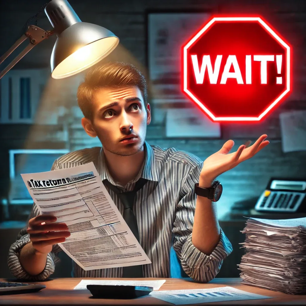 A person holding a tax return with a warning sign that says “Wait!” A person holding a tax return with a warning sign that says “Wait!”