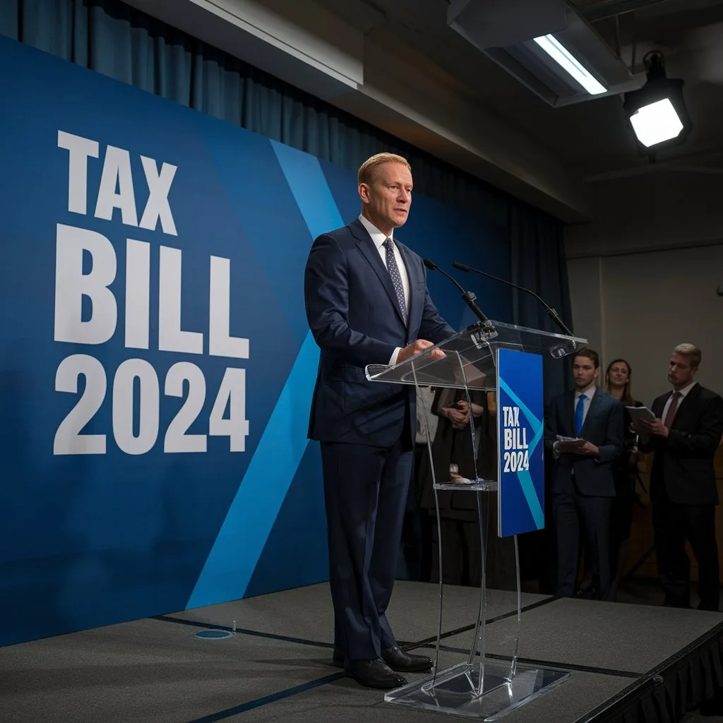 A politician giving a speech about a new tax bill. A politician giving a speech about a new tax bill.