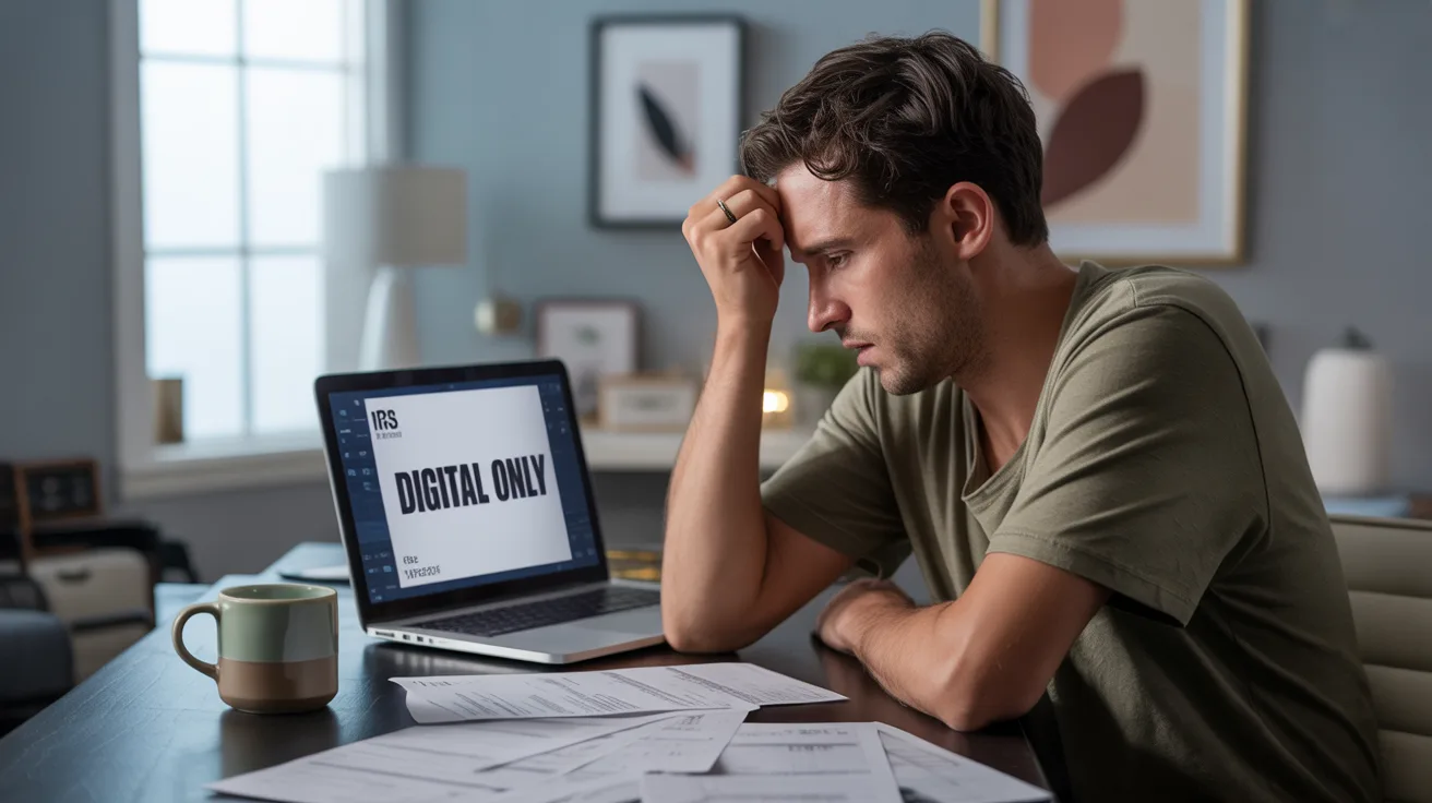 Freelancer stressed by IRS digital tax transition at home desk Freelancer stressed by IRS digital tax transition at home desk