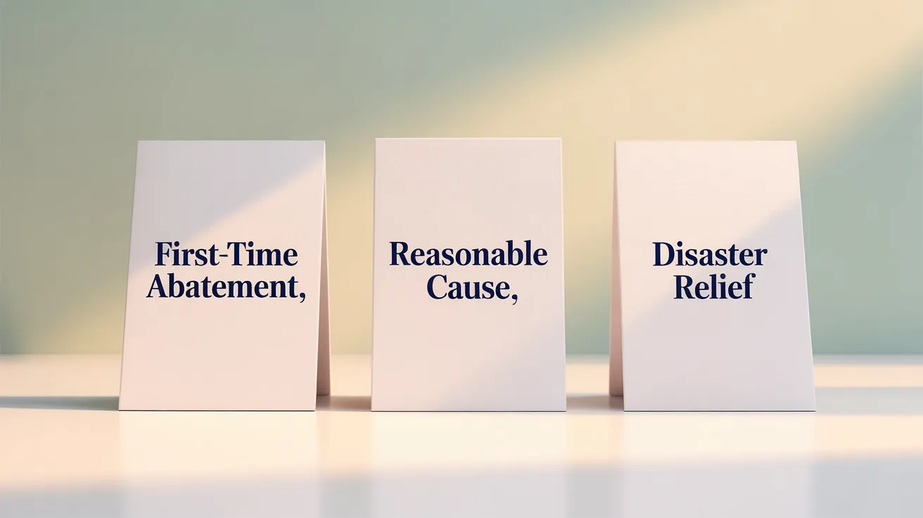 Three relief options: First-Time Abatement, Reasonable Cause, Disaster Relief