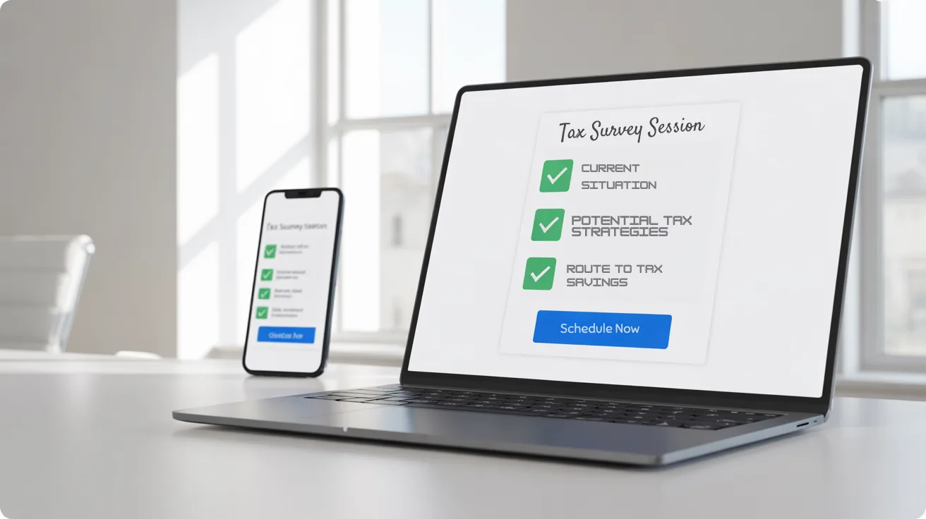 Laptop and phone showing Tax Survey Session booking page