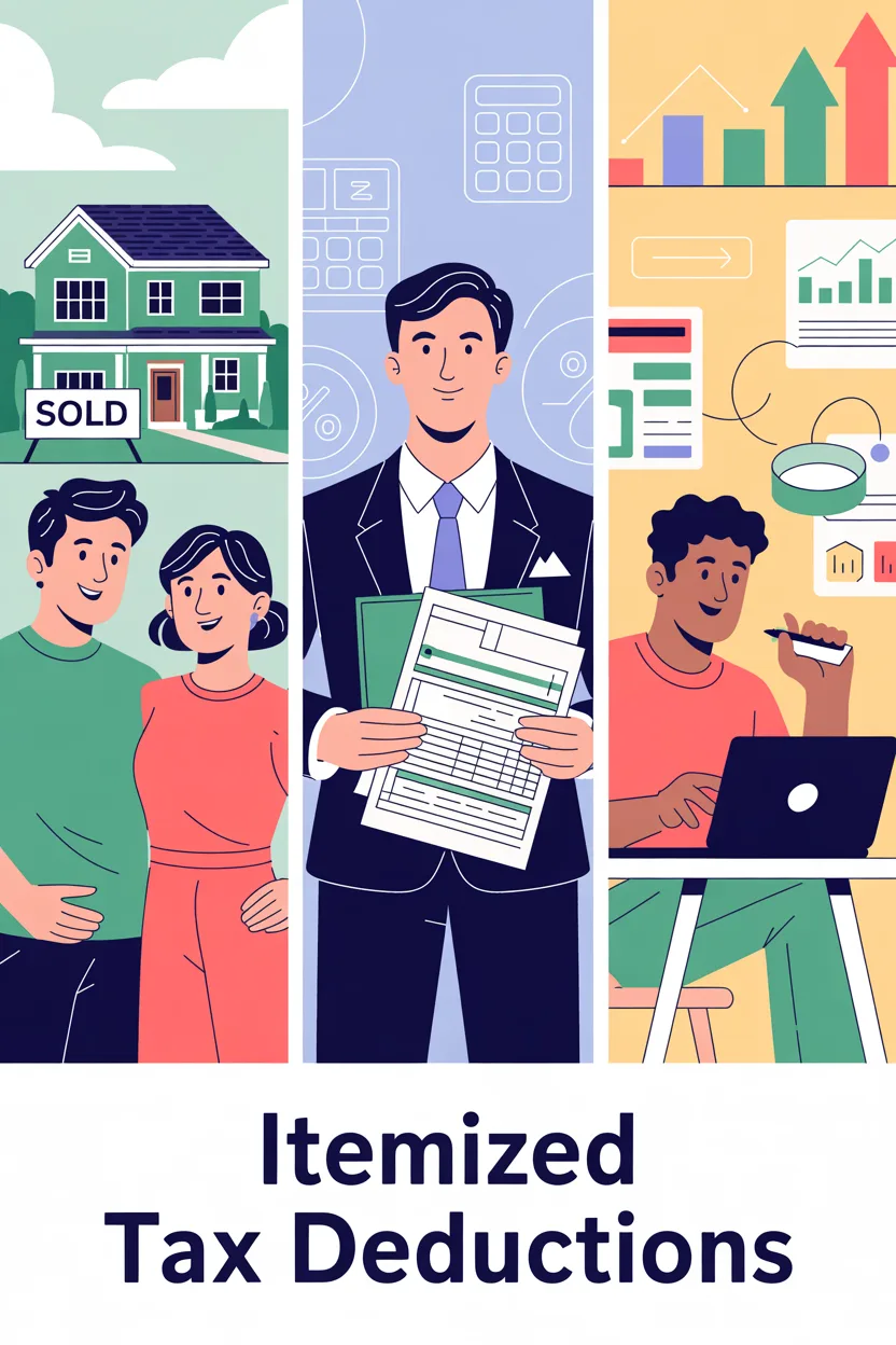 Illustration of homeowners, a tax advisor, and a self-employed worker representing groups who benefit most from itemized tax deductions Illustration of homeowners, a tax advisor, and a self-employed worker representing groups who benefit most from itemized tax deductions